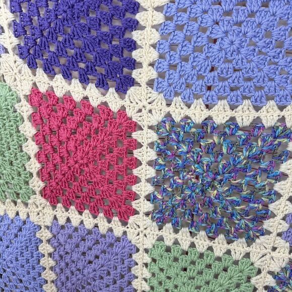 Handmade Granny Square Crochet Afghan Blanket White Multicolor Pink Purple Green - Picture 3 of 6